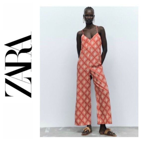 NWT Zara The Jami Jumpsuit V-Neck Spaghetti Straps Wide Leg Long Cotton Jumpsuit - Picture 1 of 16